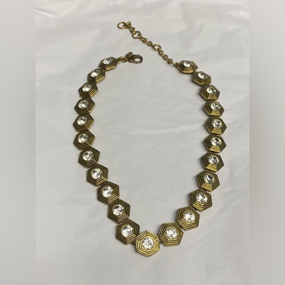 J. Crew Vintage, Gold Tone Rivoli Rhinestone Hexagon Necklace